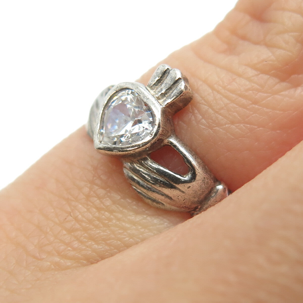 925 Sterling Silver Vintage Heart-Cut Shaped C Z Irish Claddagh Ring Size 4.75