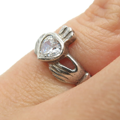 925 Sterling Silver Vintage Heart-Cut Shaped C Z Irish Claddagh Ring Size 4.75