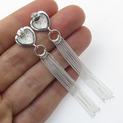 925 Sterling Silver Heart Tassel Chain Drop Earrings