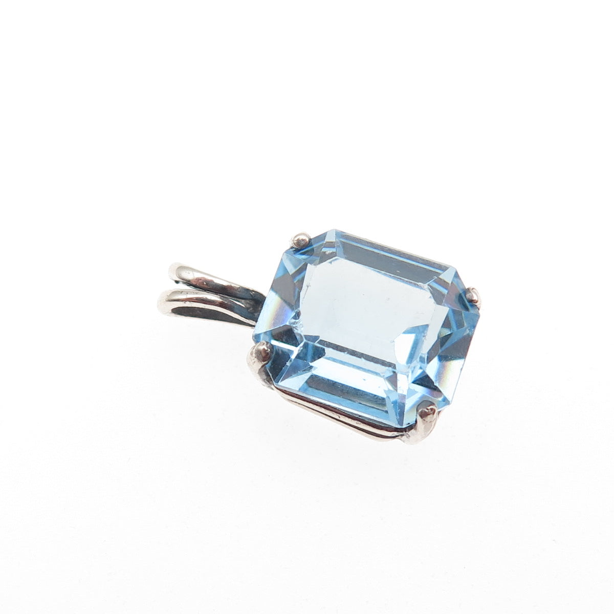 925 Sterling Silver Vintage Emerald-Cut Blue C Z Mini Charm Pendant