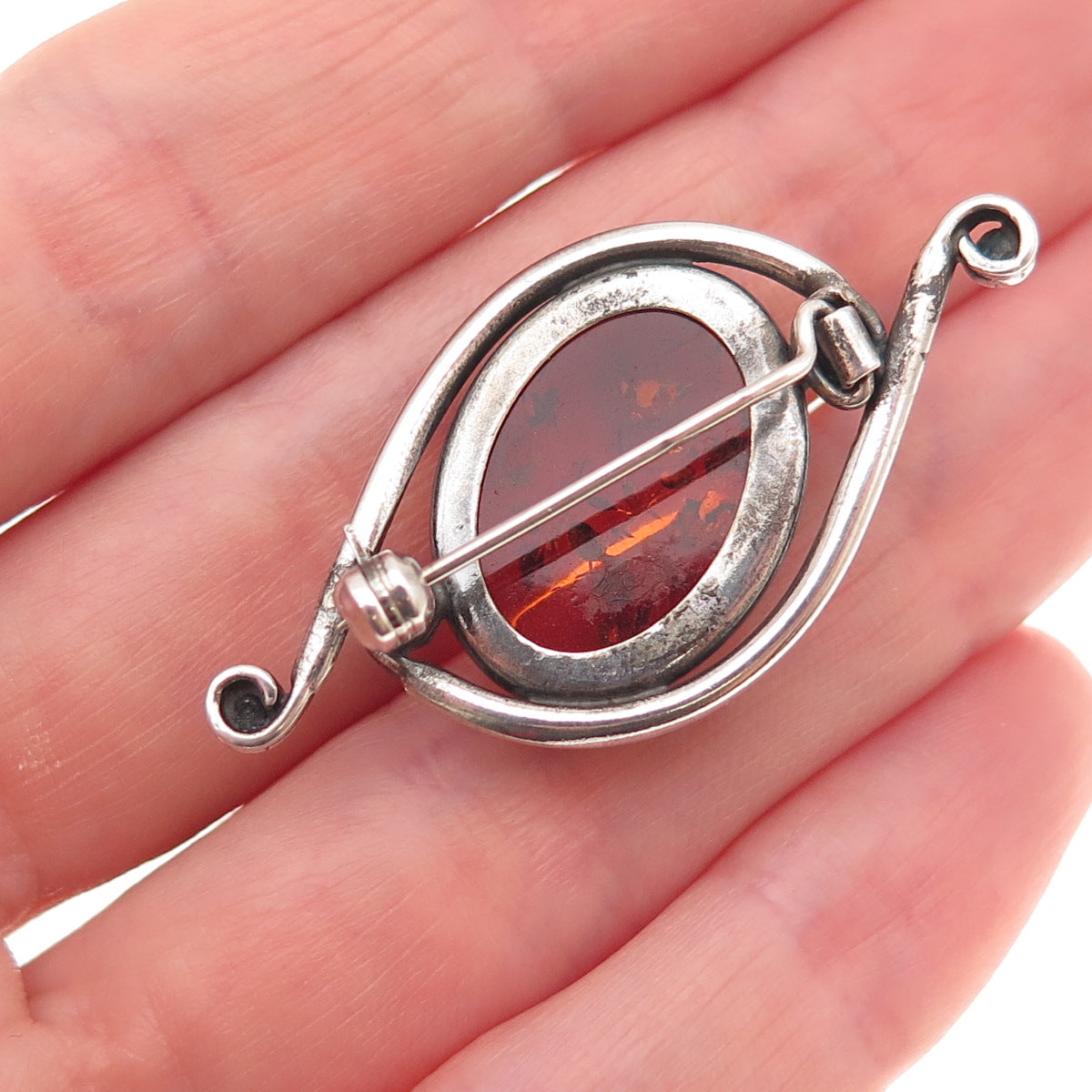 925 Sterling Silver Vintage Real Amber Modernist Oxidized Pin Brooch