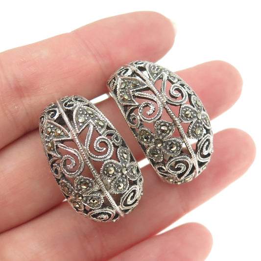 925 Sterling Silver Vintage Real Marcasite Gemstone Half Hoop Earrings