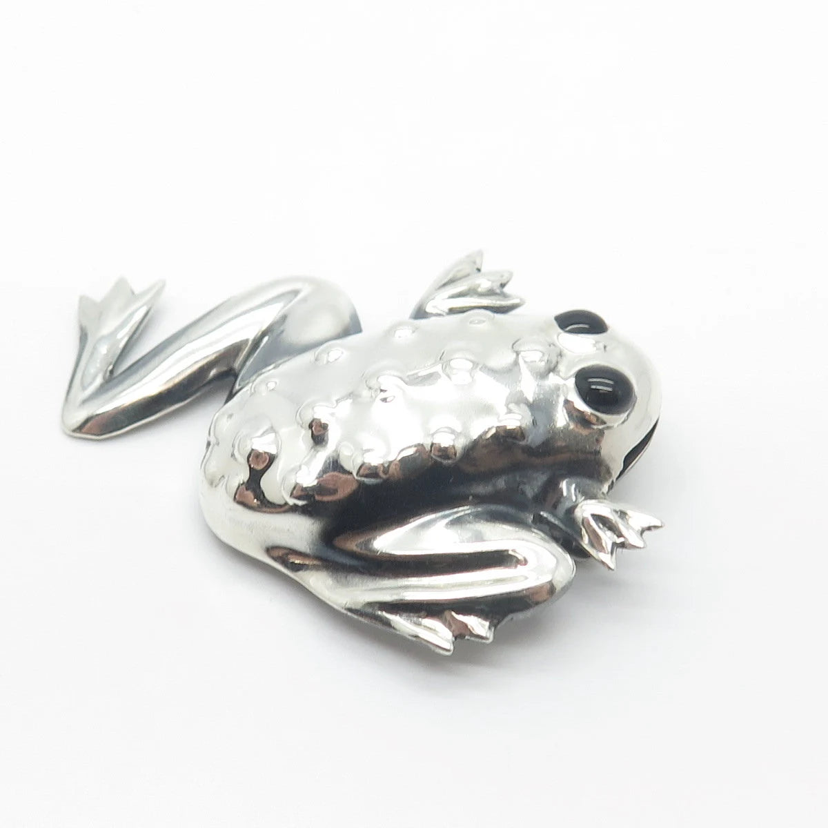 925 Sterling Silver Vintage Mexico Black Onyx Gem Frog For Good Luck Pin Brooch