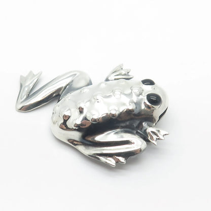 925 Sterling Silver Vintage Mexico Black Onyx Gem Frog For Good Luck Pin Brooch