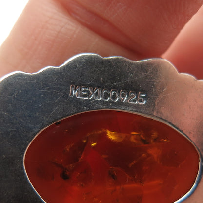 925 Sterling Silver Vintage Mexico Real Amber Modernist Oxidized Charm Pendant