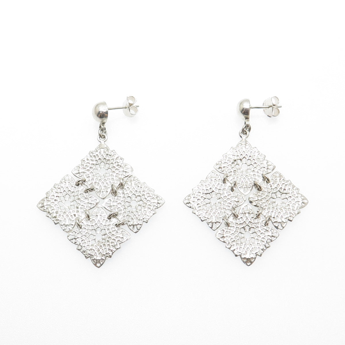 950 Silver Vintage Modernist Floral Dangle Earrings
