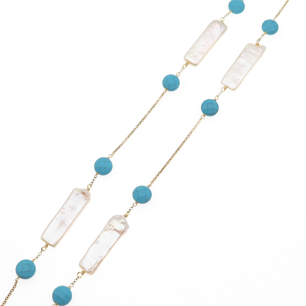 925 Sterling Silver Gold Plated Vintage Italy Real Pearl Turquoise Necklace 26"