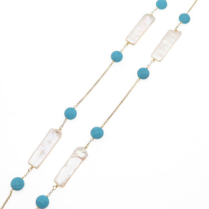 925 Sterling Silver Gold Plated Vintage Italy Real Pearl Turquoise Necklace 26"
