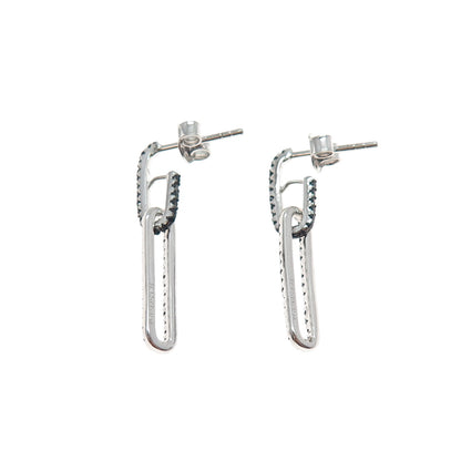 925 Sterling Silver Round-Cut Black C Z Paperclip Dangle Earrings