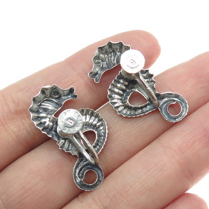 BEAU 925 Sterling Silver Antique Art Deco Seahorse Oxidized Screw Back Earrings