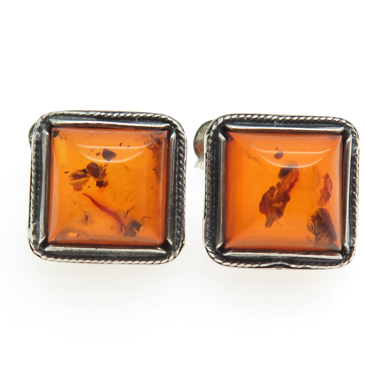 925 Sterling Silver Vintage Real Amber Roped Square Earrings