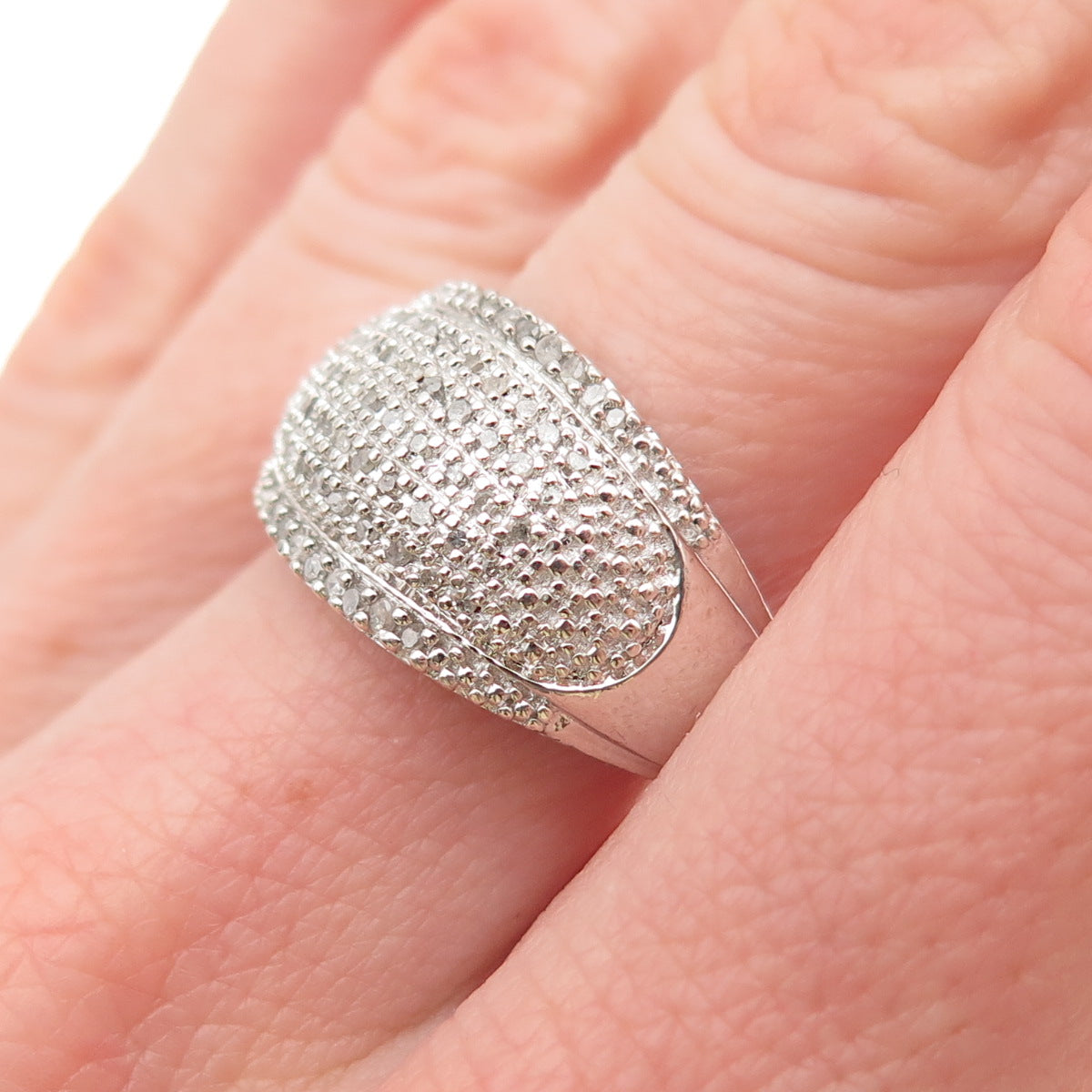 925 Sterling Silver Real Round-Cut Diamond Sparkle Dome Ring Size 7