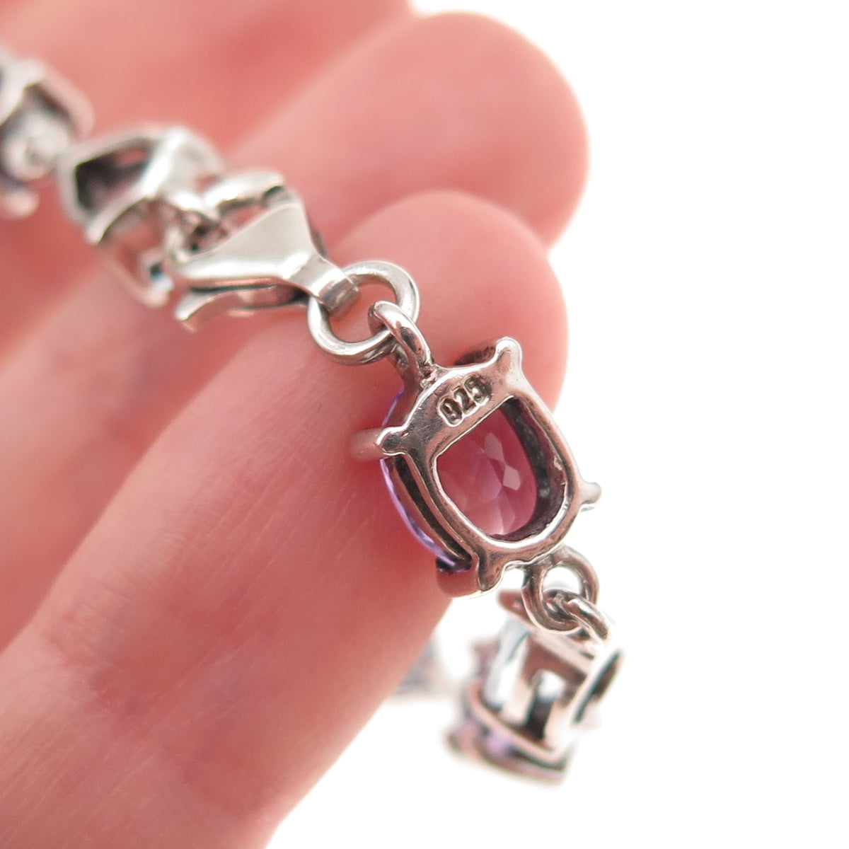 925 Sterling Silver Vintage Real Blue Topaz & Amethyst Bracelet 7.25"