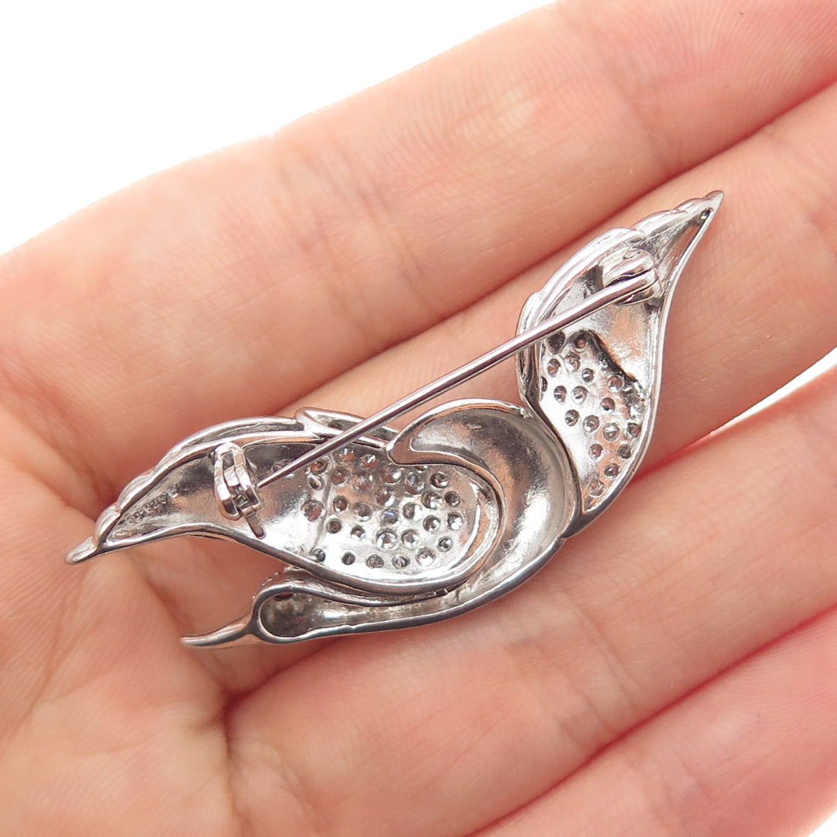 925 Sterling Silver Vintage White & Pink C Z Swan Pin Brooch