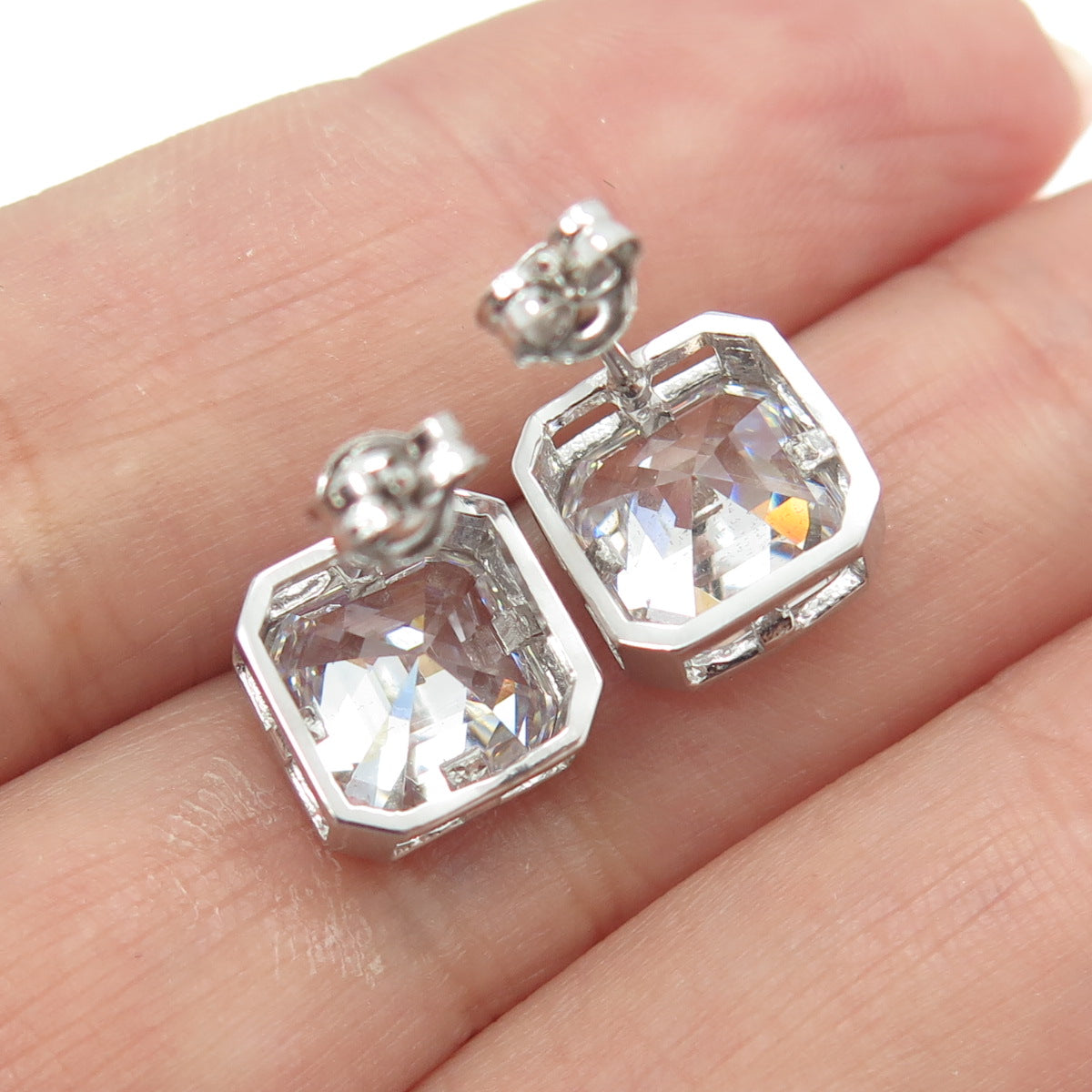 925 Sterling Silver Asscher-Cut C Z Stud Earrings