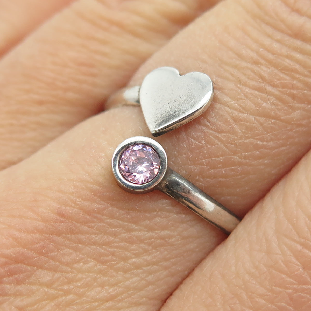 950 Silver Vintage Round-Cut Pink C Z Heart Adjustable Ring Size 7.5