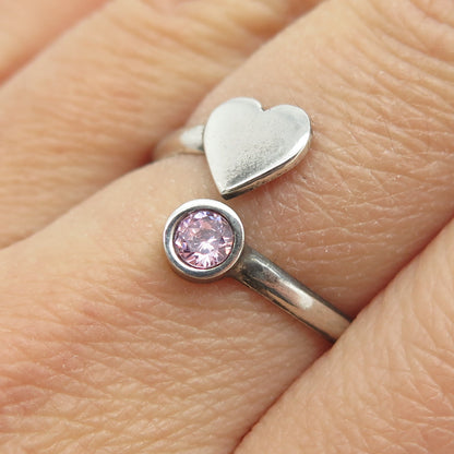 950 Silver Vintage Round-Cut Pink C Z Heart Adjustable Ring Size 7.5