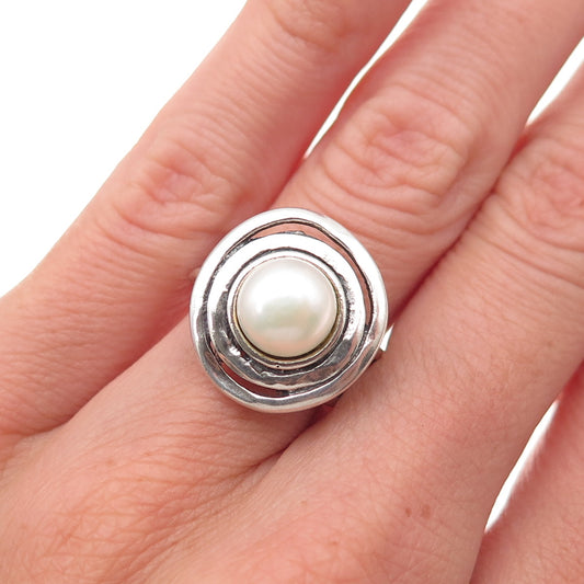 925 Sterling Silver Vintage Real Pearl Modernist Oxidized Ring Size 6