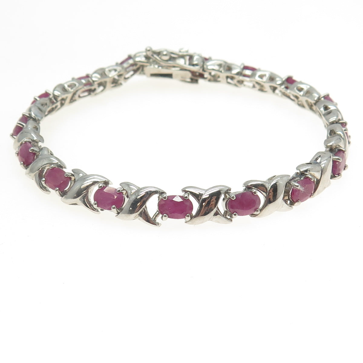 925 Sterling Silver Real Ruby "X" Tennis Link Bracelet 7.5"