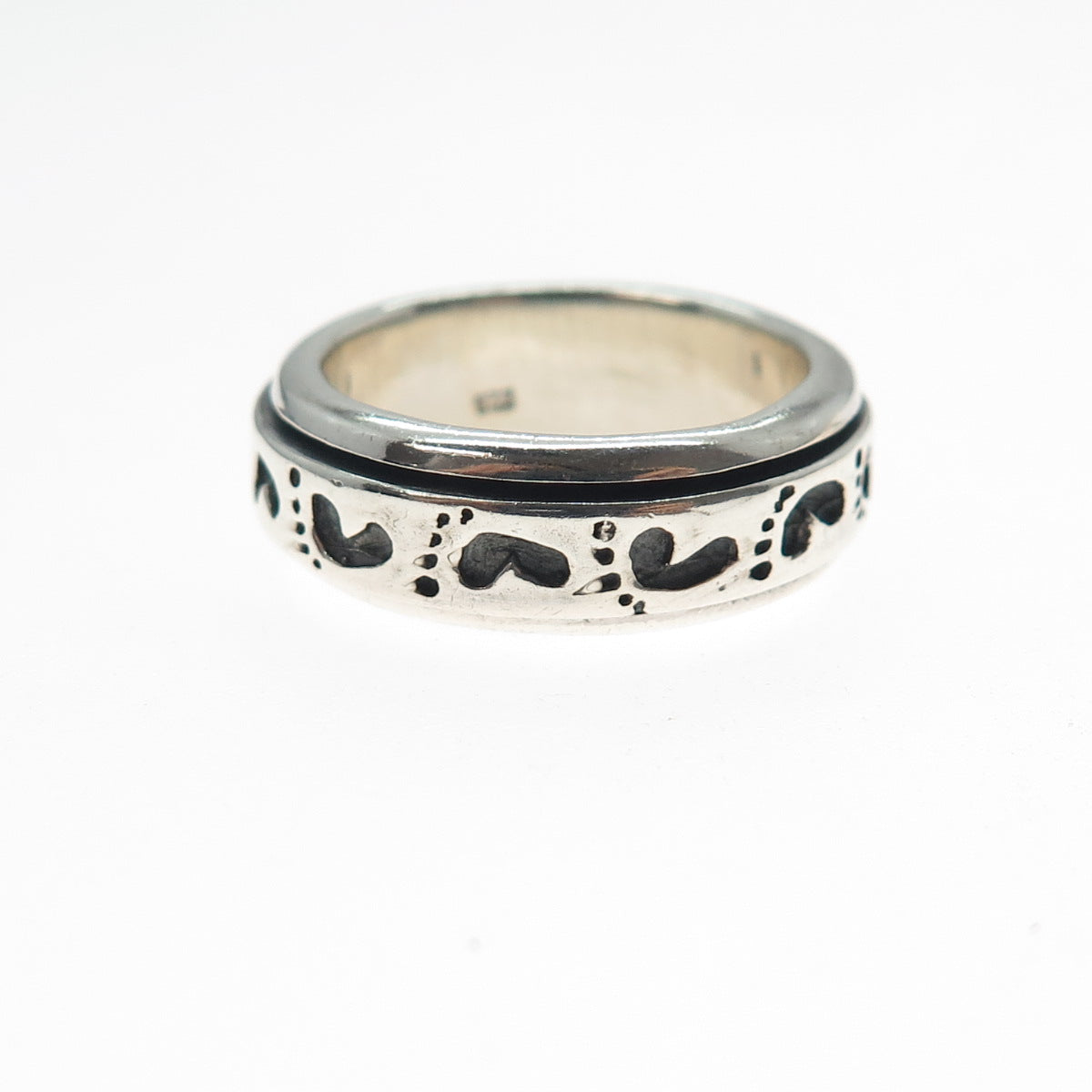 925 Sterling Silver Vintage Baby Footprint Rotating Band Oxidized Ring Size 7