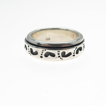 925 Sterling Silver Vintage Baby Footprint Rotating Band Oxidized Ring Size 7