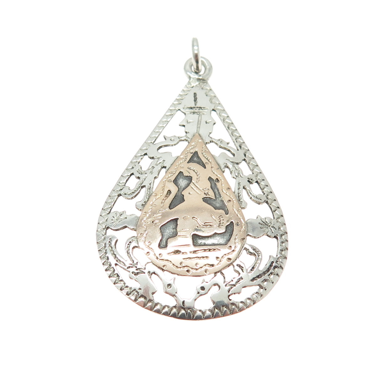 900 Silver & 10K Rose Gold Vintage Tribal Warrior Teardrop Charm Pendant