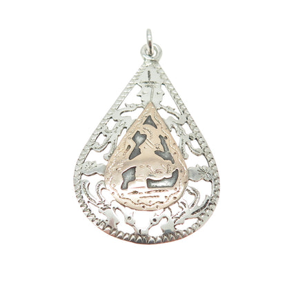 900 Silver & 10K Rose Gold Vintage Tribal Warrior Teardrop Charm Pendant