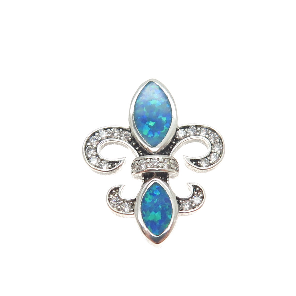 925 Sterling Silver Real Blue Opal Gem Inlay & C Z Fleur de Lis Slide Pendant