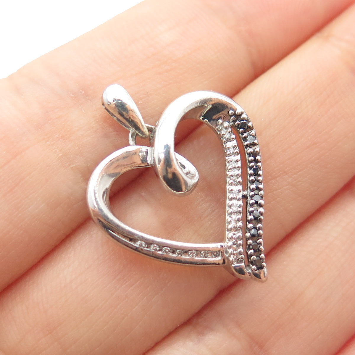 925 Sterling Silver Real Black & White Diamond Heart Minimalist Slide Pendant