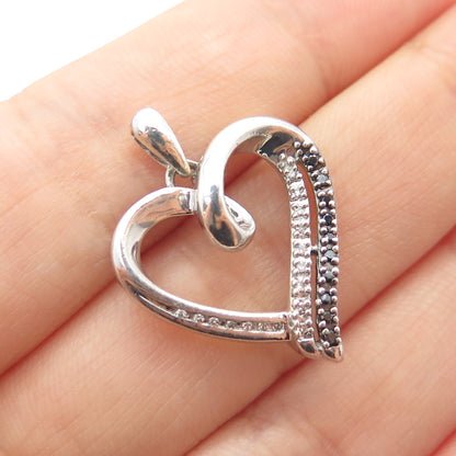 925 Sterling Silver Real Black & White Diamond Heart Minimalist Slide Pendant