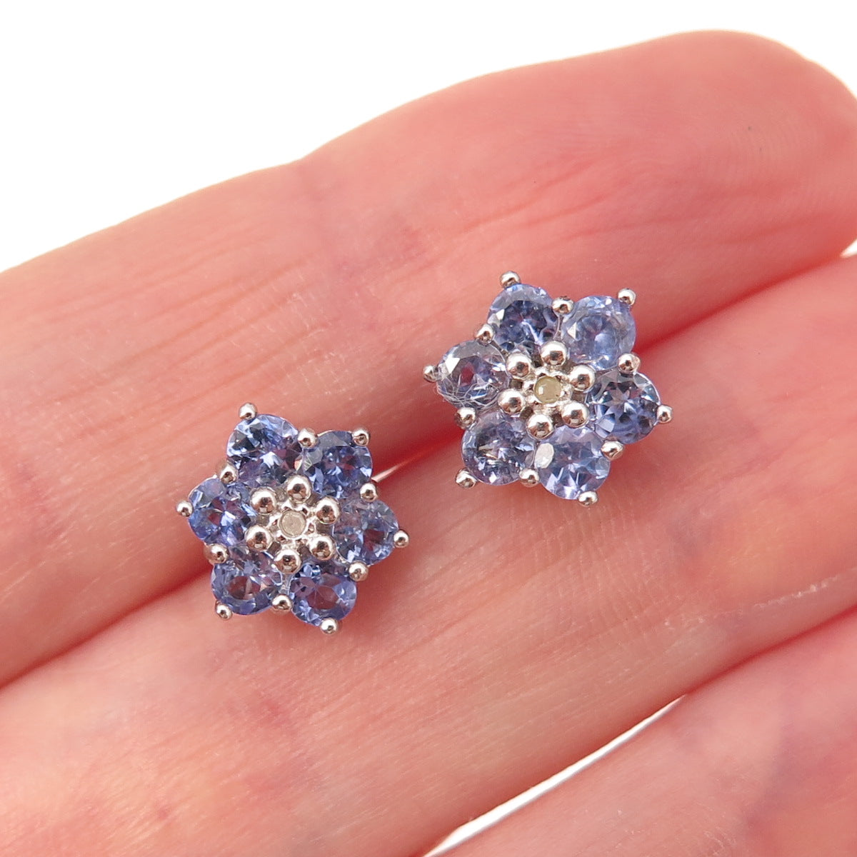 925 Sterling Silver Real Round-Cut Diamond & Tanzanite Floral Stud Earrings