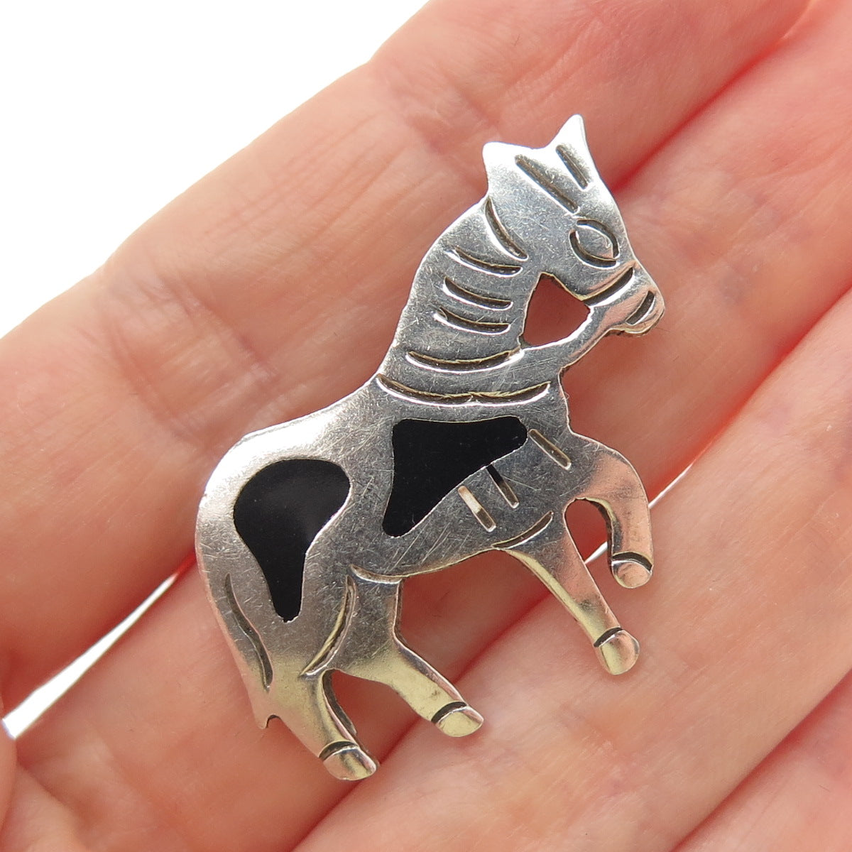 925 Sterling Silver Vintage Mexico Real Black Onyx Pony Horse Pin Brooch