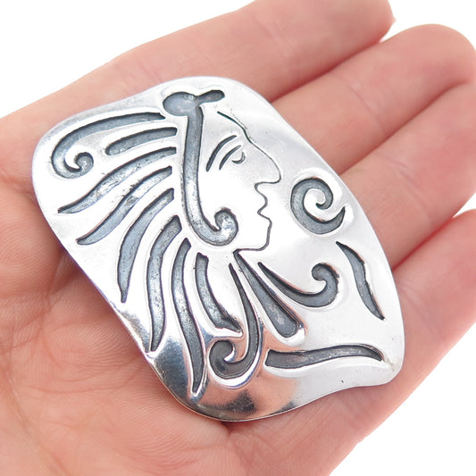 925 Sterling Silver Vintage Mexico Mayan Warrior Oxidized Tribal Pin Brooch
