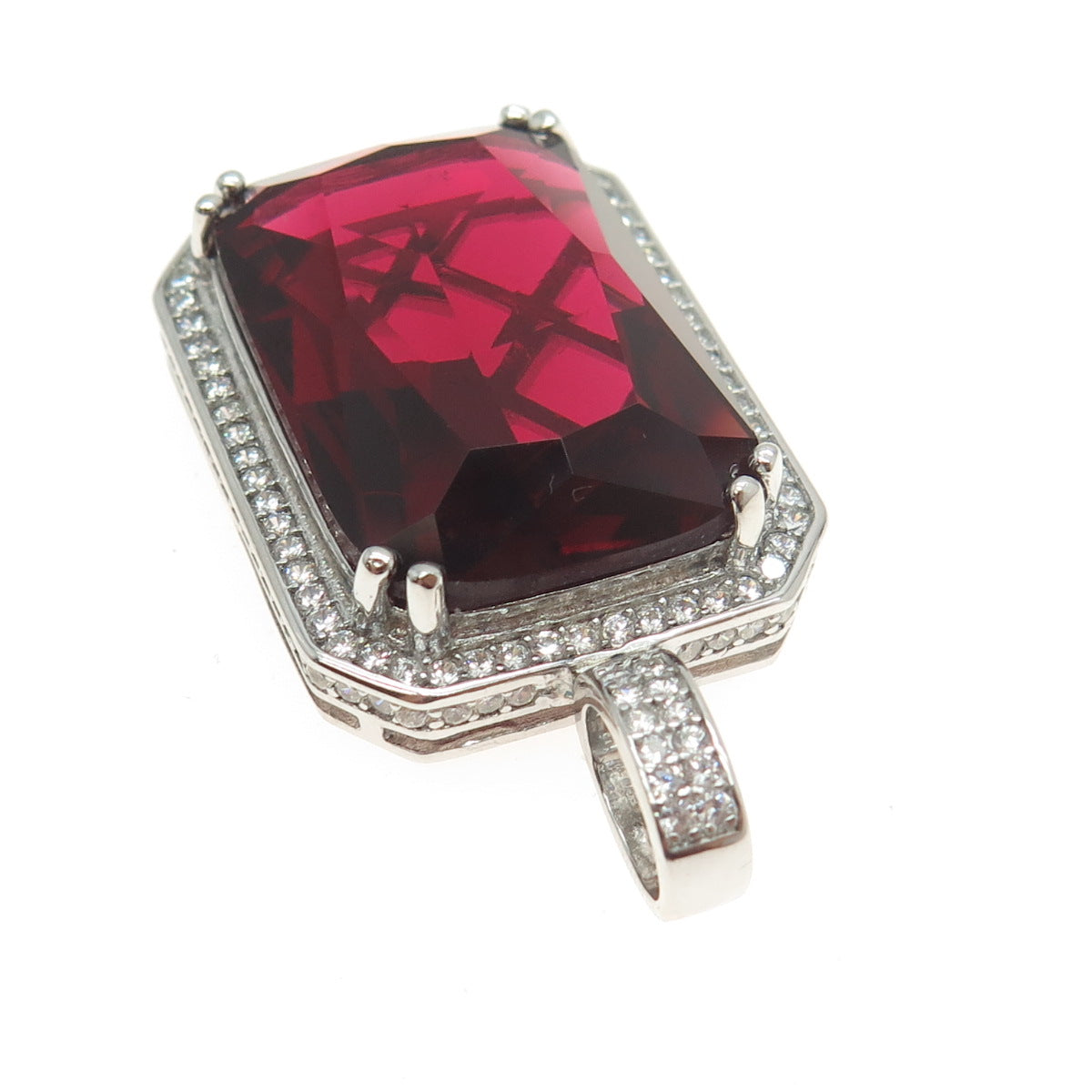 925 Sterling Silver Radiant-Cut Red Glass & Round-Cut C Z Pendant