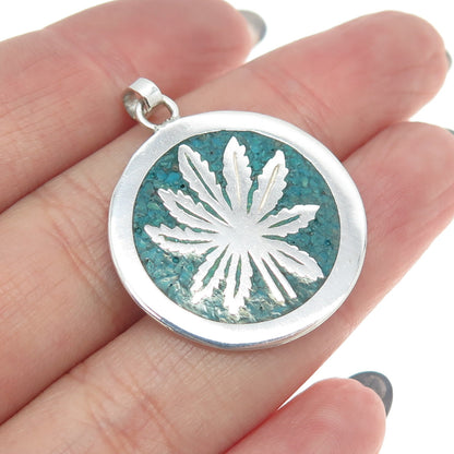 925 Sterling Silver Vintage Mexico Real Turquoise Inlay Cannabis Round Pendant