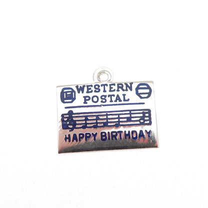 925 Sterling Vintage Enamel Western Postal Happy Birthday Mini Charm Pendant