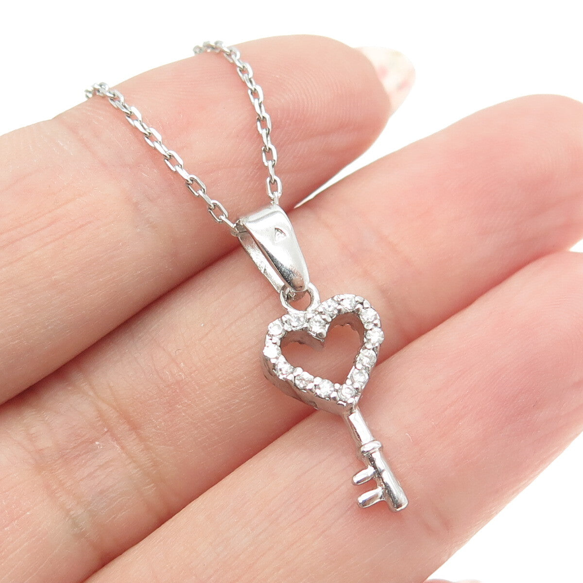 925 Sterling Silver Round-Cut C Z Heart Key Cable Chain Necklace 16"
