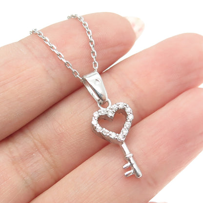 925 Sterling Silver Round-Cut C Z Heart Key Cable Chain Necklace 16"