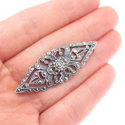 925 Sterling Silver Antique Art Deco Real Marcasite Brooch (missing 2 stones)
