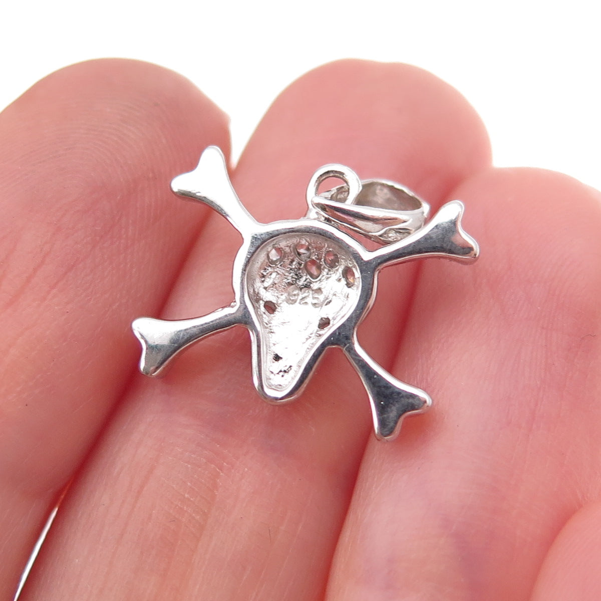 925 Sterling Silver Round-Cut C Z Skull & Crossbones Charm Pendant