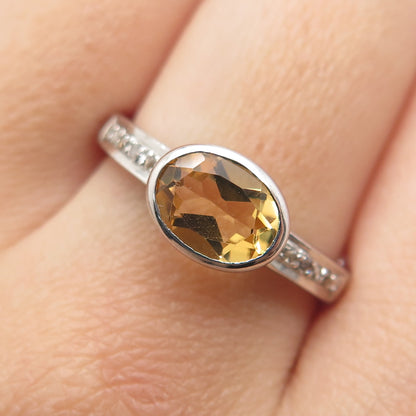 925 Sterling Silver Real Round-Cut Diamond & Oval-Cut Citrine Ring Size 8