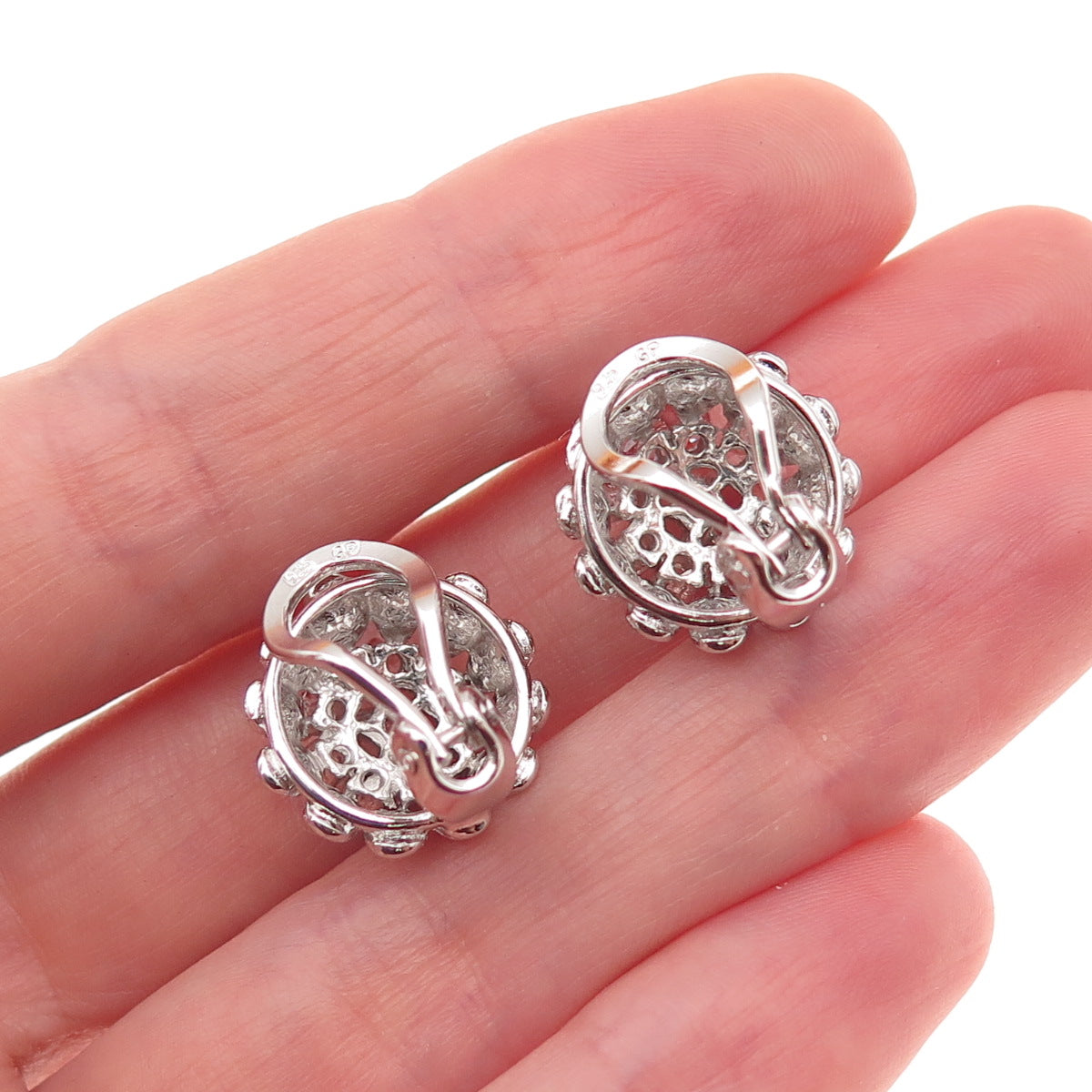 925 Sterling Silver Vintage Round-Cut Rhinestone Clip On Earrings