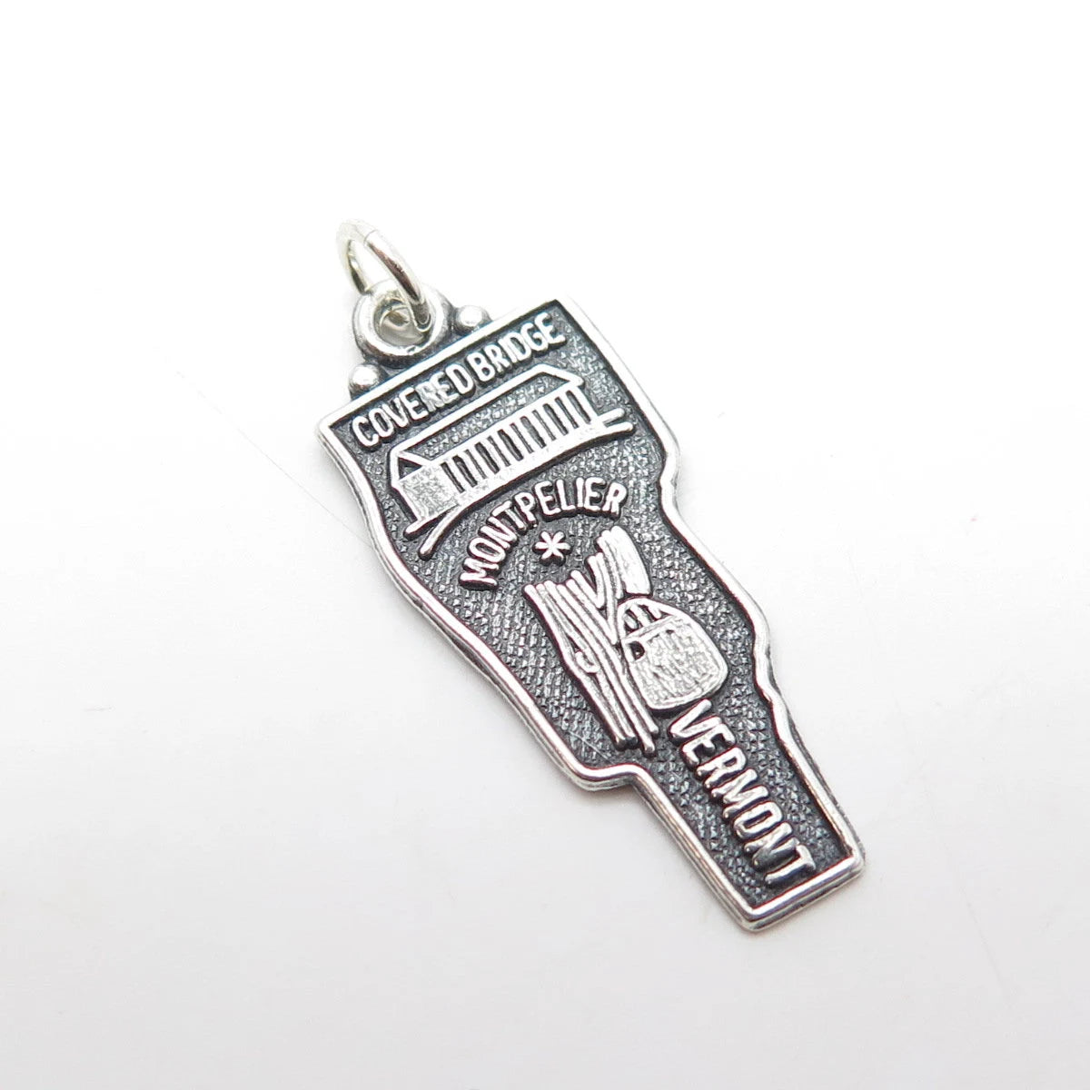 925 Sterling Silver Vintage Covered Bridge Montpelier Vermont State Map Pendant