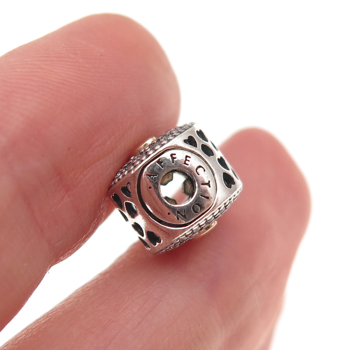 Pandora 925 Sterling Silver & Gold C Z Essence Affection Heart Slide Bead Charm