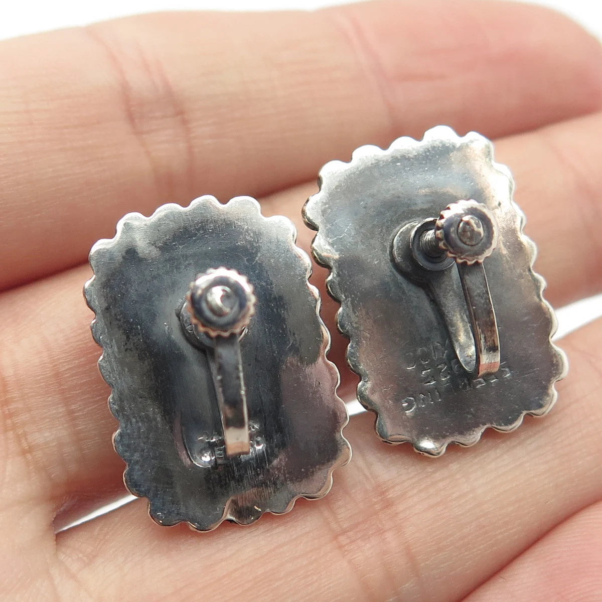925 Sterling Silver Vintage Mexico Green Onyx Gem Beaded Screw Back Earrings