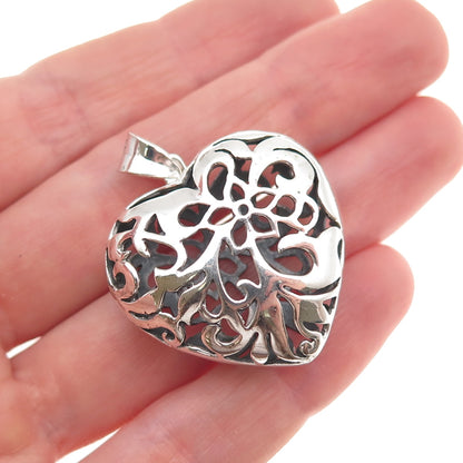 925 Sterling Silver Vintage Floral Heart Oxidized Charm Pendant