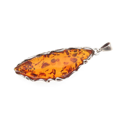 925 Sterling Silver Vintage K Poland Real Amber Modernist Oxidized Pendant