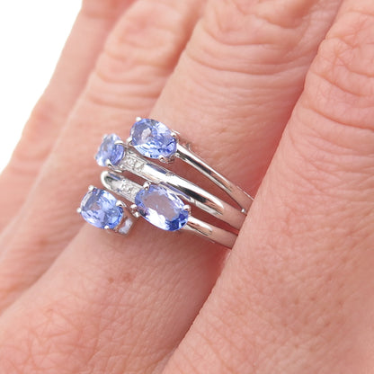 925 Sterling Silver Real Diamond & Tanzanite Bypass Ring Size 8.25