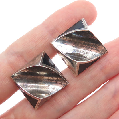925 Sterling Silver Vintage Mexico Real Black Onyx Modernist Oxidized Cufflinks
