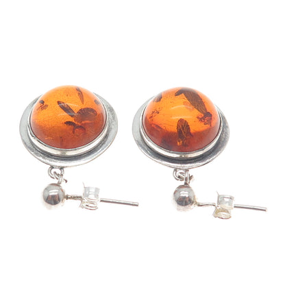 925 Sterling Silver Vintage Real Baltic Amber Modernist Dangle Earrings